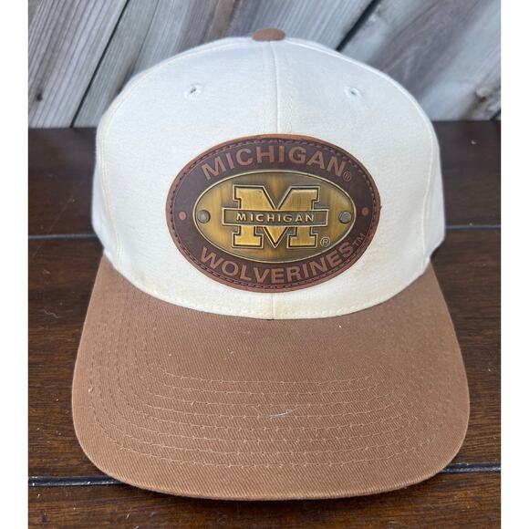 VTG Michigan Wolverines Snapback Hat Tan Brown Leather Patch NCAA - Picture 2 of 9